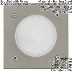 Loops IP67 Outdoor Recessed Ground Light Stainless Steel Square 2.5W Built in LED in Metallics - thumbnail 2