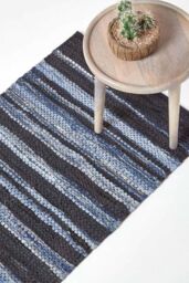 Homescapes Texas Leather & Denim Woven Striped Blue Hall Runner, 66 x 200 cm - Size: 66 cm x 200 cm - thumbnail 1
