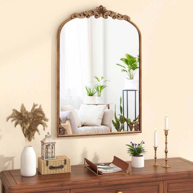 Costway Antiqued Gold Wall Mirror 95cm x 66cm Dramatic Arched Mirror - Size: 95 cm x 66 cm - image 1