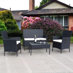 Alivio 4-Piece Rattan Patio Furniture Set with Loveseat, Armchairs & Glass Coffee Table in Black
