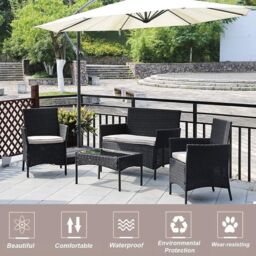 Alivio 4-Piece Rattan Patio Furniture Set with Loveseat, Armchairs & Glass Coffee Table in Black - thumbnail 2