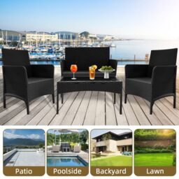 Alivio 4-Piece Rattan Patio Furniture Set with Loveseat, Armchairs & Glass Coffee Table in Black - thumbnail 5