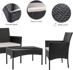 Alivio 4-Piece Rattan Patio Furniture Set with Loveseat, Armchairs & Glass Coffee Table in Black - thumbnail 3
