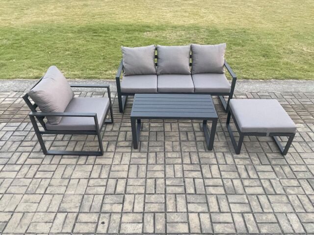 Fimous Aluminium Outdoor Garden Furniture Set Patio Lounge Sofa with Oblong Coffee Table Big Footstool Armchair Dark Grey - image 1