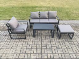 Fimous Aluminium Outdoor Garden Furniture Set Patio Lounge Sofa with Oblong Coffee Table Big Footstool Armchair Dark Grey - thumbnail 1