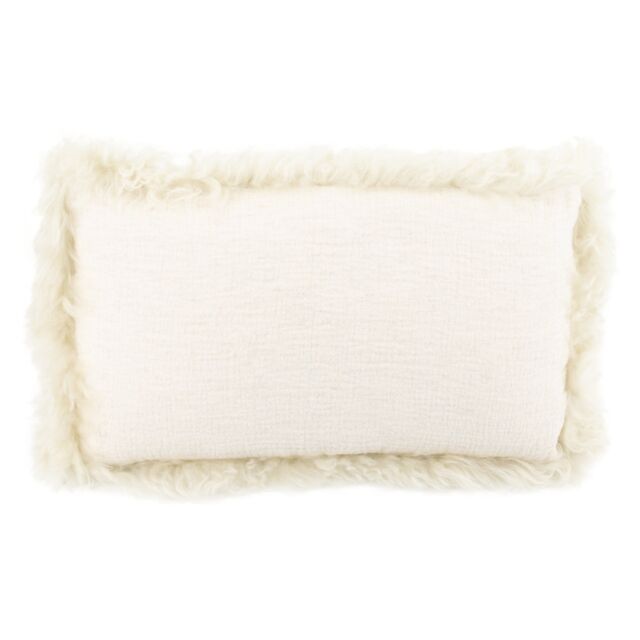 Native Natural Beige Linen Cushion Sheepskin Trim 45x45cm in Cream - Size: 45 cm x 45 cm - image 1