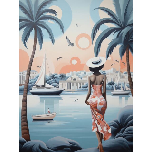 Artery8 Wall Art Print French Riviera Palm Tree Coastline Boats Stylised Artwork Teal Coral Pink Woman Cote d'Azur Nice Coastal Landscape Poster - image 1
