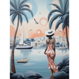 Artery8 Wall Art Print French Riviera Palm Tree Coastline Boats Stylised Artwork Teal Coral Pink Woman Cote d'Azur Nice Coastal Landscape Poster