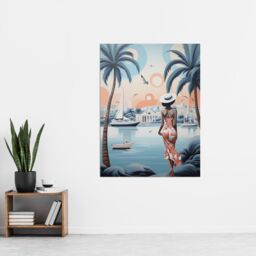 Artery8 Wall Art Print French Riviera Palm Tree Coastline Boats Stylised Artwork Teal Coral Pink Woman Cote d'Azur Nice Coastal Landscape Poster - thumbnail 2