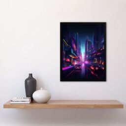 "Artery8 Neon Purple Cityscape Electronic Futuristic Skyscraper Boys Bedroom Art Print Framed Poster Wall Decor 12x16 inch in Black - Size: W12"" x H16""" - thumbnail 4