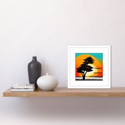 Artery8 Lone Black Tree Countryside Bright Colourful Sunrise Linocut Illustration Square Wooden Framed Wall Art Print Picture 8X8 Inch in White - thumbnail 2
