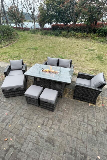 Fimous Rattan Outdoor Furniture Gas Fire Pit Rectangle Dining Table Gas Heater Chairs 7 Seater in Dark Grey
