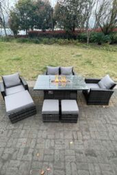 Fimous Rattan Outdoor Furniture Gas Fire Pit Rectangle Dining Table Gas Heater Chairs 7 Seater in Dark Grey - thumbnail 3