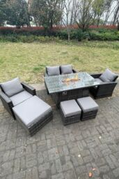 Fimous Rattan Outdoor Furniture Gas Fire Pit Rectangle Dining Table Gas Heater Chairs 7 Seater in Dark Grey - thumbnail 4