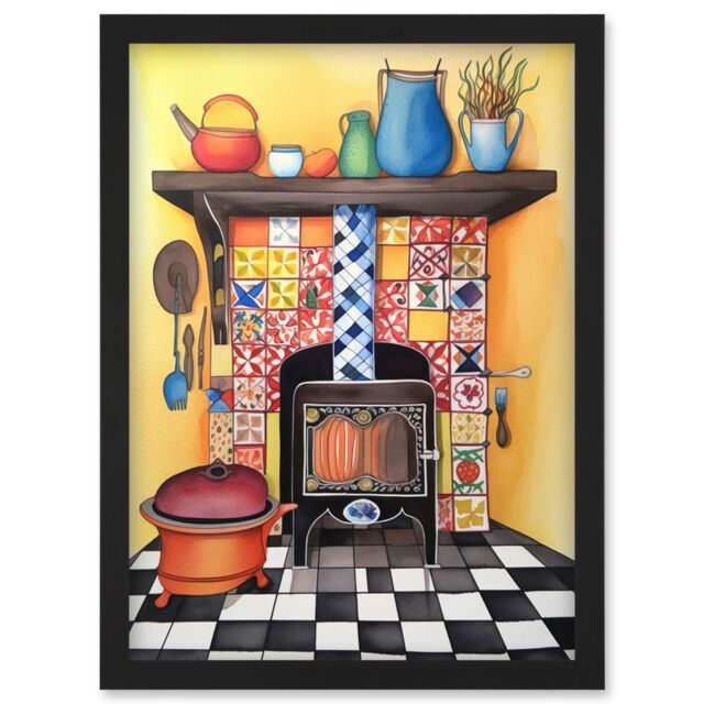 Artery8 Kitchen Hearth Fireplace With Multicoloured Tiles Folk Art Watercolour Painting Artwork Framed Wall Art Print A4 in Black - image 1