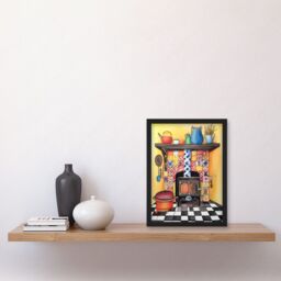 Artery8 Kitchen Hearth Fireplace With Multicoloured Tiles Folk Art Watercolour Painting Artwork Framed Wall Art Print A4 in Black - thumbnail 2