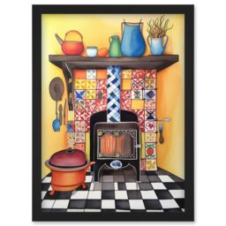 Artery8 Kitchen Hearth Fireplace With Multicoloured Tiles Folk Art Watercolour Painting Artwork Framed Wall Art Print A4 in Black - thumbnail 1