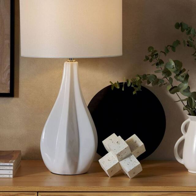 Wyld and Coco 60cm Porcelain Teardrop Table Lamp Faux Silk Drum Shade in White - image 1
