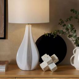 Wyld and Coco 60cm Porcelain Teardrop Table Lamp Faux Silk Drum Shade in White