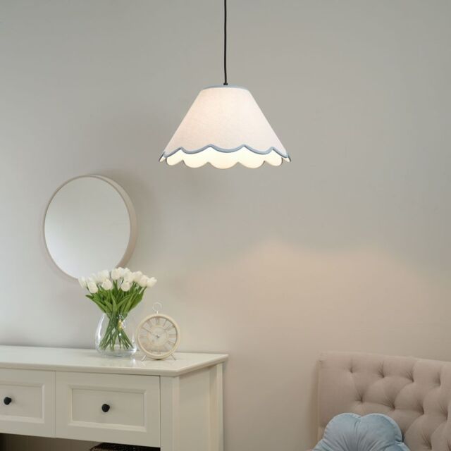ValueLights Florie Natural Linen Large Tapered Lamp Shade with Scallop Pastel Trim in Blue - image 1