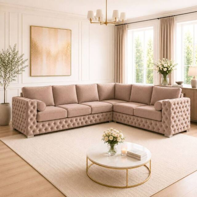 Stratus Interiors Ashley Chesterfield Full Back Plush Velvet Fabric Sofa - Corner in Taupe - image 1