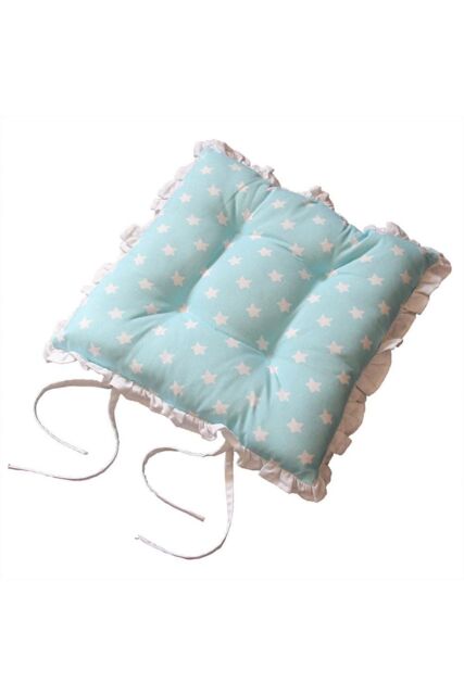 Homescapes Reversible White Frilled Cushion Seat Pad with Ties Blue Stars - Size: 40 cm x 40 cm - image 1