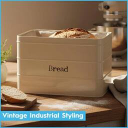 FLAVORA Beige Kitchen Bread Bin Metal Vintage Tin - thumbnail 4