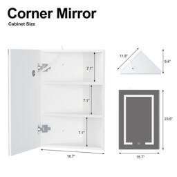 KEEPREAPER LED Corner Bathroom Mirror Cabinet 40x60cm Wall Mounted Storage in White - Size: 40x60 cm - thumbnail 9