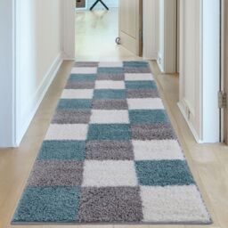 THE RUGS Soft Duck Egg Blue Check High Pile Shaggy Rugs & Runners Living Room - Size: 140 cm x 200 cm - thumbnail 8