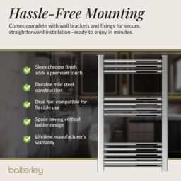 Balterley Straight Heated Towel Rail Radiator, 239W, 500 x 800mm, Chrome in Silver - thumbnail 4
