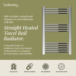 Balterley Straight Heated Towel Rail Radiator, 239W, 500 x 800mm, Chrome in Silver - thumbnail 2