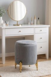 Living and Home Modern Pleated Make-up Chaire Storage Ottoman with Metal Base in Grey