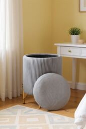 Living and Home Modern Pleated Make-up Chaire Storage Ottoman with Metal Base in Grey - thumbnail 4