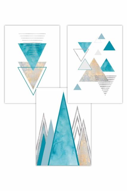 ARTZE Set of 3 Mid Century Aqua Blue Abstract Geometric Art Posters - Size: W50 cm x H70 cm - image 1