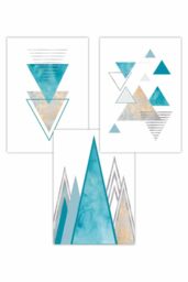 ARTZE Set of 3 Mid Century Aqua Blue Abstract Geometric Art Posters - Size: W50 cm x H70 cm - thumbnail 1