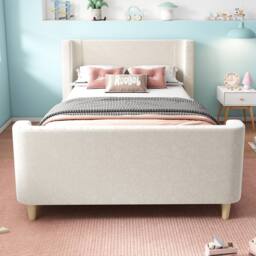 Matteo 3FT Single Upholstered Sleigh Bed - Cosmic Pattern - Kids Beige Velvet - thumbnail 7