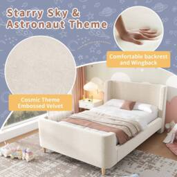 Matteo 3FT Single Upholstered Sleigh Bed - Cosmic Pattern - Kids Beige Velvet - thumbnail 4