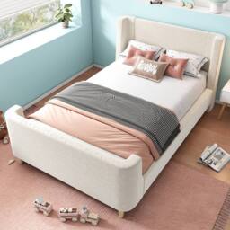 Matteo 3FT Single Upholstered Sleigh Bed - Cosmic Pattern - Kids Beige Velvet