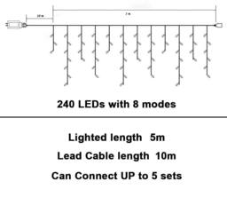 Shatchi 240 Cool White LED Icicle Christmas Lights - 8 Modes, Auto Timer - thumbnail 3