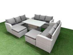 Fimous PE Rattan Lounge Sofa Set 11 Seater Outdoor Garden Furniture Set w/ Adjustable Lifting Dining or Coffee Table 3 Seater Sofa 2 Big Footstools - thumbnail 2