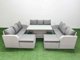 Fimous PE Rattan Lounge Sofa Set 11 Seater Outdoor Garden Furniture Set w/ Adjustable Lifting Dining or Coffee Table 3 Seater Sofa 2 Big Footstools - thumbnail 1