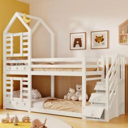 Matteo Bunk Bed Storage Children Cabin Bed Single Bed with Window for Kids in White