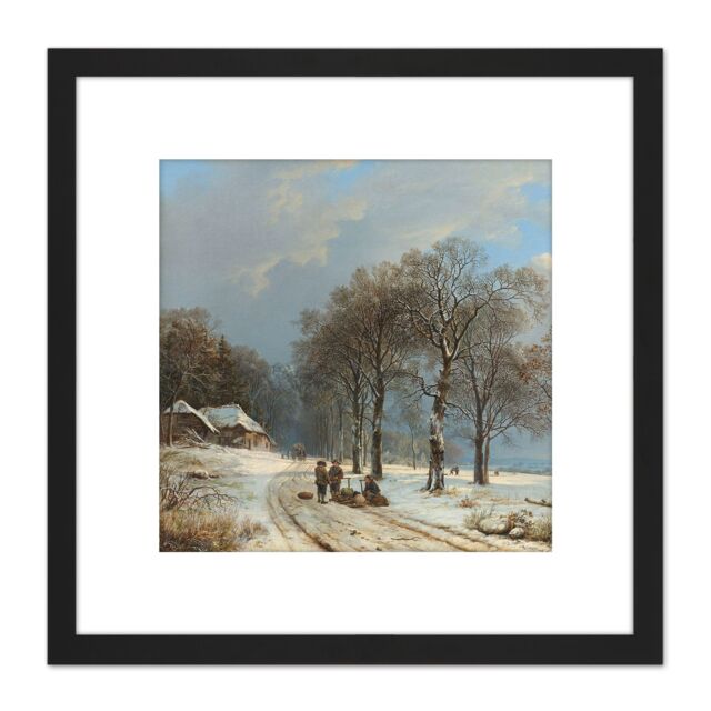 Artery8 Koekkoek Winter Landscape 8X8 Inch Square Wooden Framed Wall Art Print Picture with Mount in Black - image 1