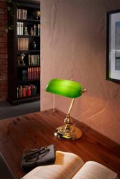 Eglo Bankers Table Lamp - Green Glass & Brass-Coloured Steel in Metallic Gold - thumbnail 2