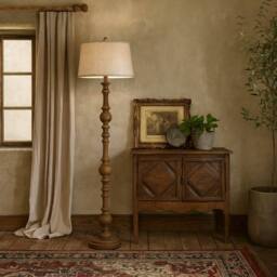Wyld Haus Perouges Slim Wooden Pillar Floor Lamp Edged Linen Shade in Brown - Size: 140 cm