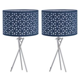 First Choice Lighting Set of 2 Chrome Tripod Table Lamps with Navy Blue Laser Cut Shades in Silver