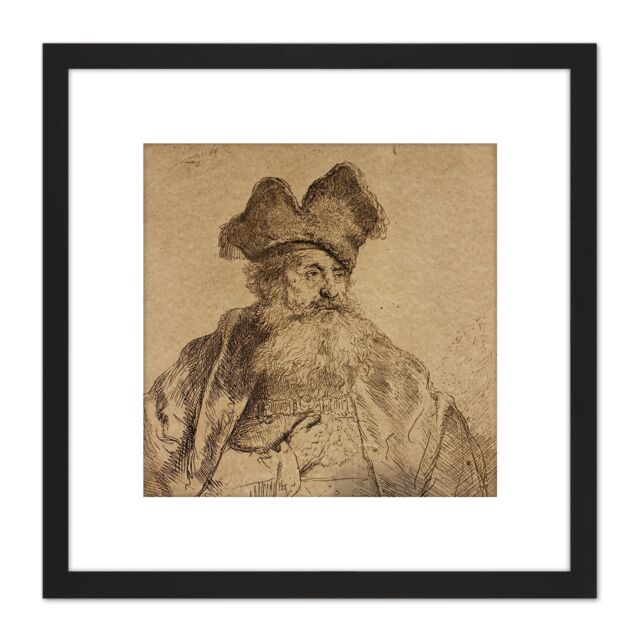 Artery8 Rembrandt Old Man Divided Fur Cap Sketch Drawing 8X8 Inch Square Wooden Framed Wall Art Print Picture with Mount in Black - image 1