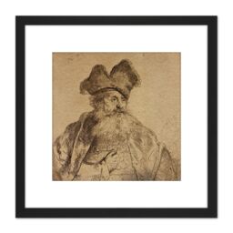 Artery8 Rembrandt Old Man Divided Fur Cap Sketch Drawing 8X8 Inch Square Wooden Framed Wall Art Print Picture with Mount in Black - thumbnail 1