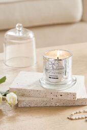 SHEONLY Smokeless Vegetable Wax Scented Candle with Bell Shaped Glass Cup, Gardenia in Silver