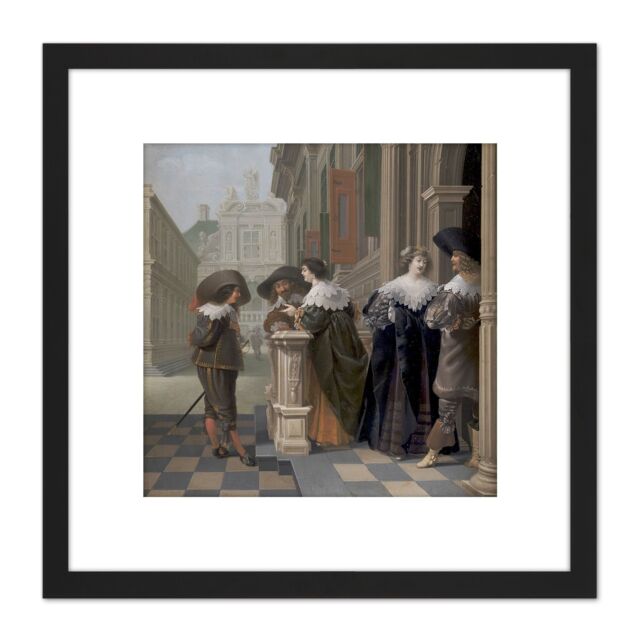 Artery8 Van Delen Conversation Outside Castle Painting 8X8 Inch Square Wooden Framed Wall Art Print Picture with Mount in Black - image 1